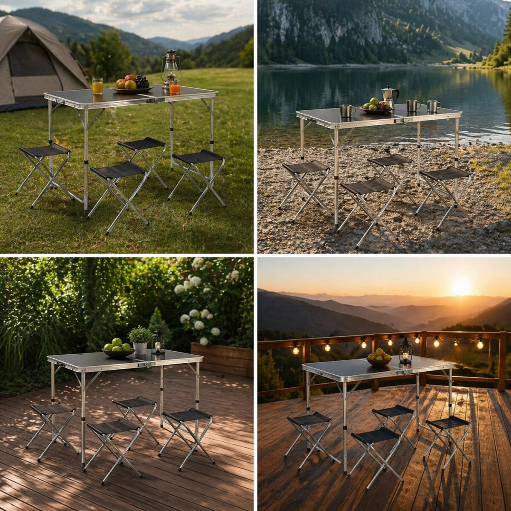 Set tavolo pieghevole da campeggio con 4 sedie in alluminio, portatile tipo valigia, regolabile in altezza, 120x60 cm. Breckner Germany