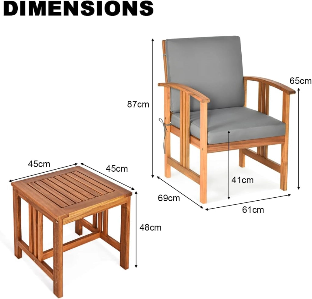 Set da giardino per 2 persone, in legno di acacia, mobili da esterno con cuscini, 1 tavolo e 2 poltrone, cuscini rimovibili, per cortile, patio, soggiorno
