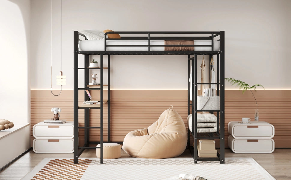 Letto a castello doppio nero con funzione scrivania e appendiabiti in metallo 140x200 cm