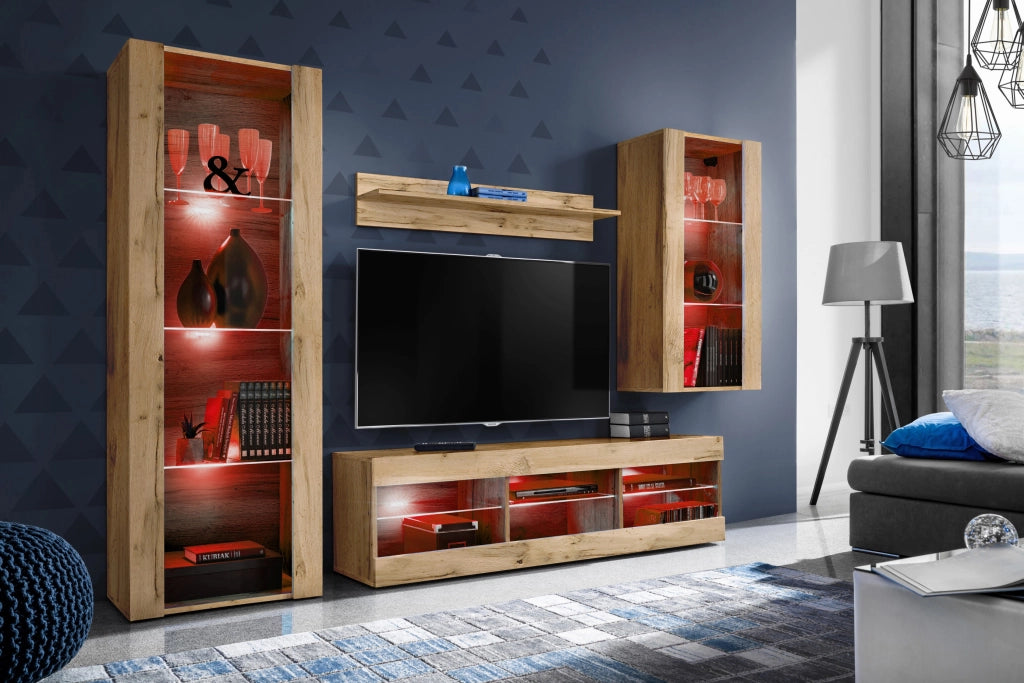 Set Di Mobili Porta TV Tivoli Medio, Komodee, Wotan/Wotan, LED RGB, Larghezza 245 cm x Altezza 159 cm x Profondità 35 cm, Per soggiorno, Camera da letto