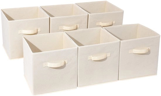 Cubo di stoccaggio pieghevole in tessuto con maniglie, confezione da 6, colore beige uniforme, 27 x 27 x 28 cm