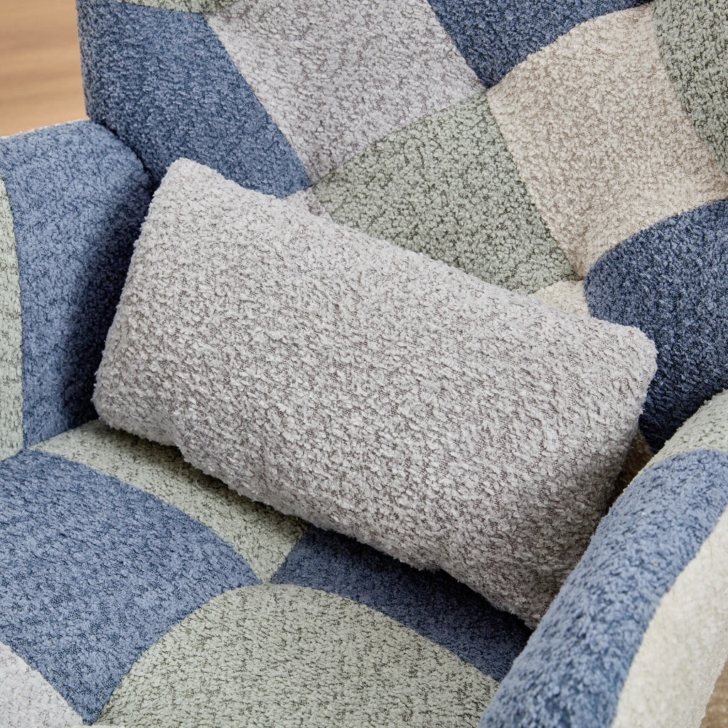 Sedia a Dondolo con Poggiapiedi Poltrona Relax Moderna in Tessuto Patchwork Beige e Blu