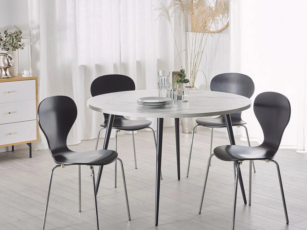 Tavolo da Pranzo Effetto Marmo Bianco Piano Gambe in Metallo Nero Rotondo 120 cm Stile Glamour Moderno