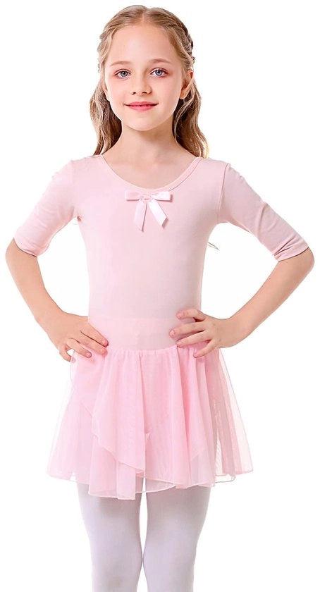 Abito da ballo per bambina con tutù in cotone e chiffon, maniche corte, colore rosa 130