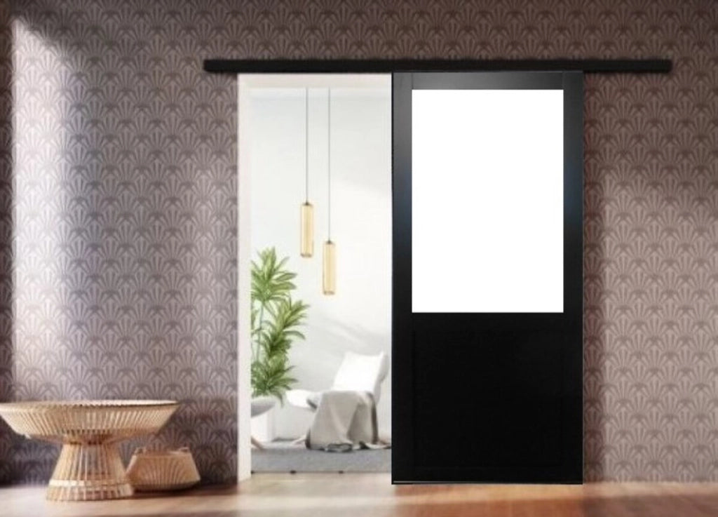 Porta scorrevole nera per officina in vetro H204 x L73 senza montante + binario in alluminio Striscia nera