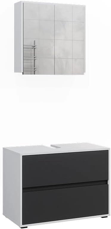Set di mobili da bagno Maltin, Bianco/antracite, 80 cm, composto da specchio da bagno e mobile sottolavabo