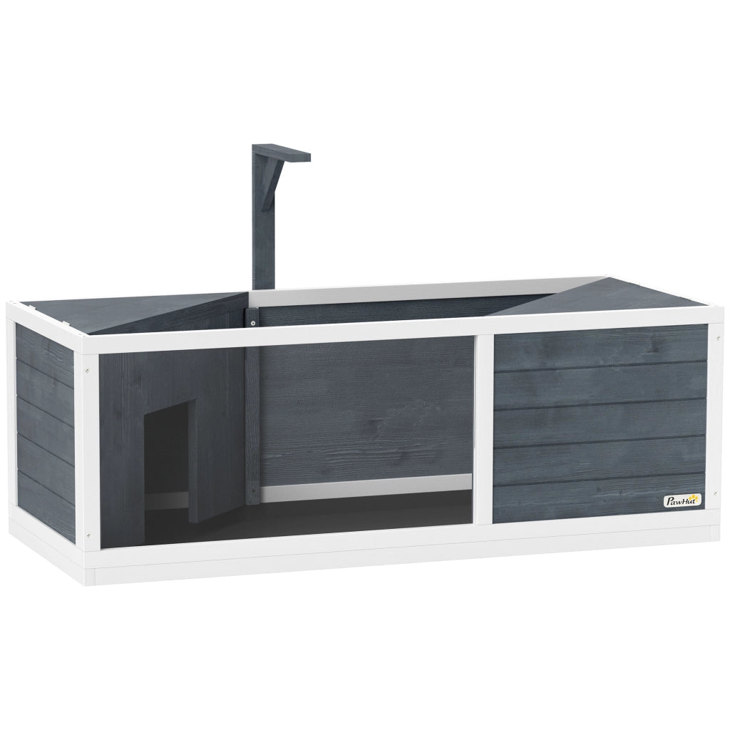 Casetta da giardino per tartarughe con due vani e area gioco centrale in legno di abete grigio 120 × 50 × 40 cm