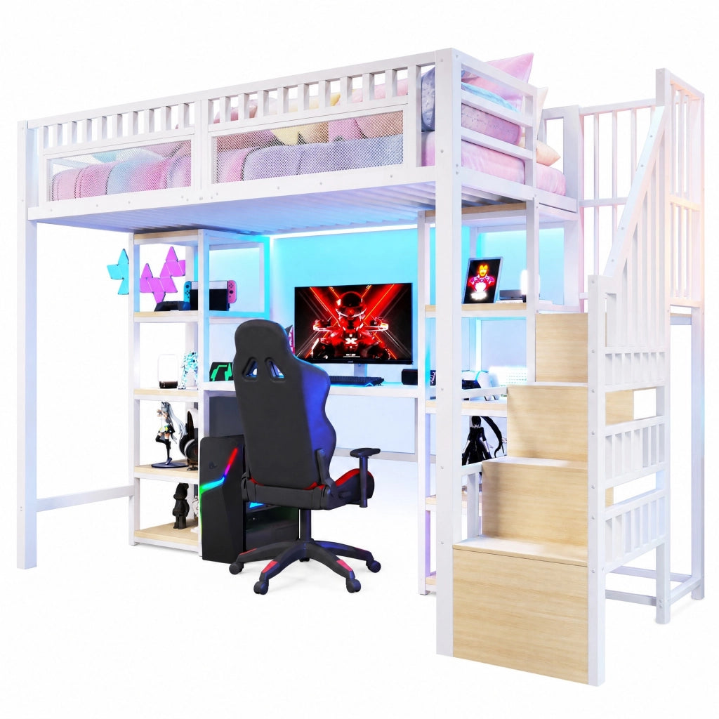 Letto a castello 90x200 cm in metallo e MDF con scrivania; ripiani; LED e USB; bianco
