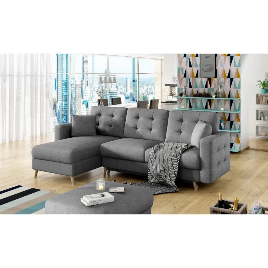 Divano angolare convertibile HASGARD 3 posti grigio scuro 248x162 cm - con contenitore e piedi in legno