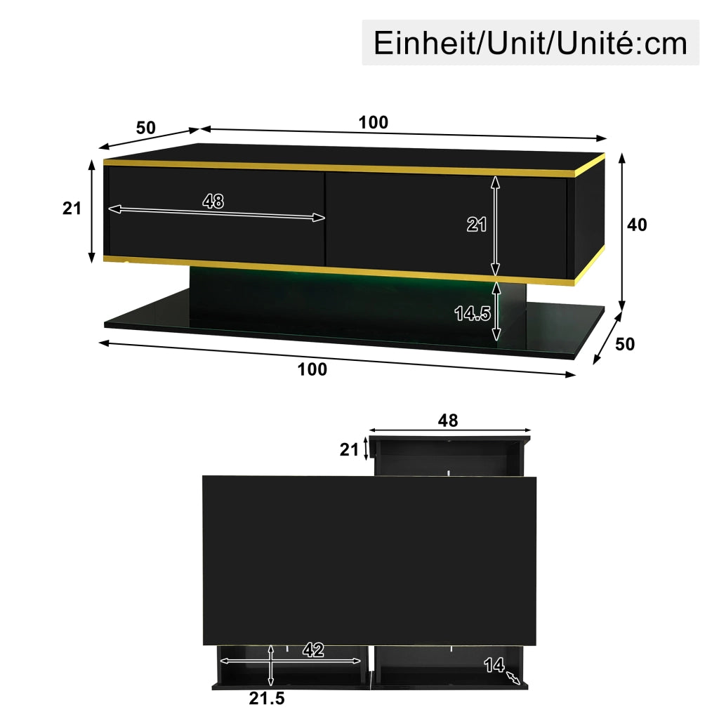 Tavolino da caffè 100x50x40 cm; con LED e 3 cassetti; finitura lucida; truciolato; nero e oro