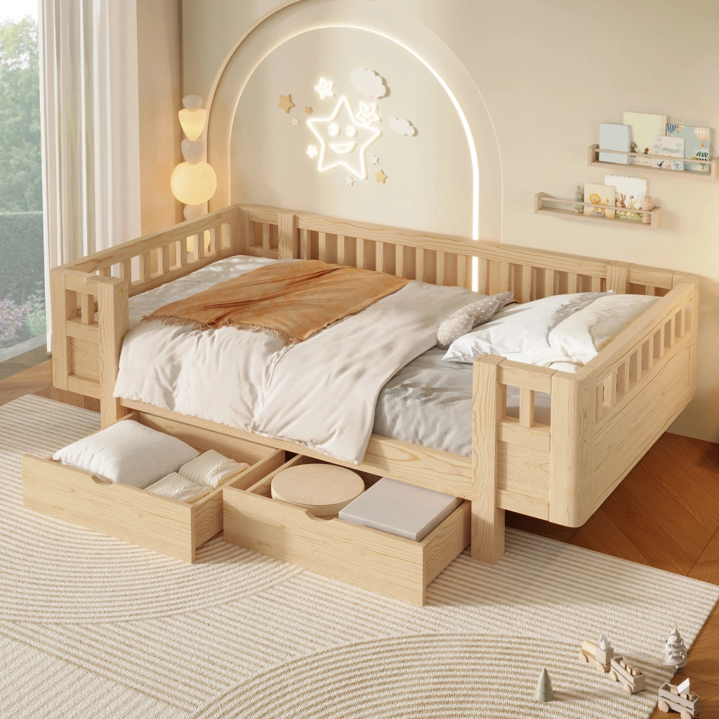 Letto Singolo 90x200 Legno con Sponde di Sicurezza e 2 Cassetti Contenitore