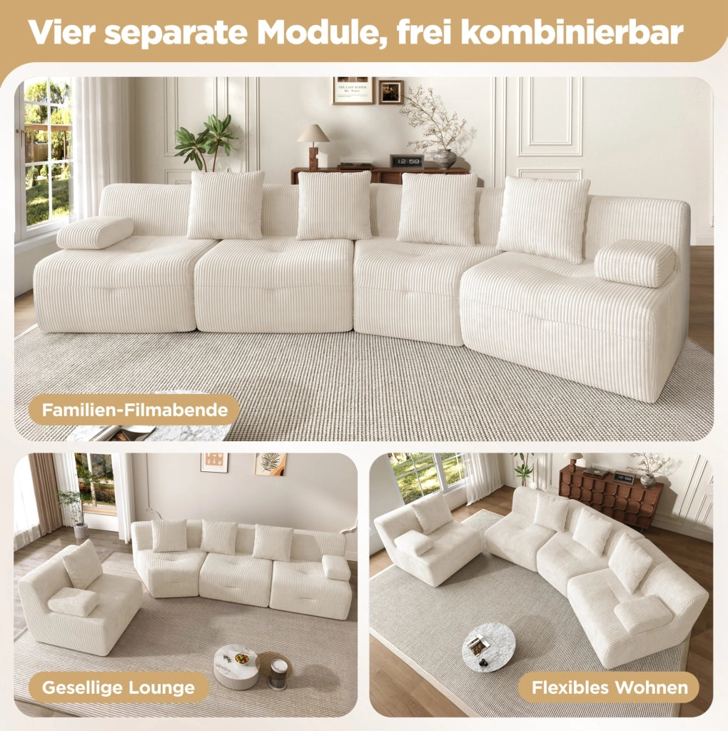 Divano modulare 4 posti in tessuto corduroy beige chiaro; 311x90x65 cm
