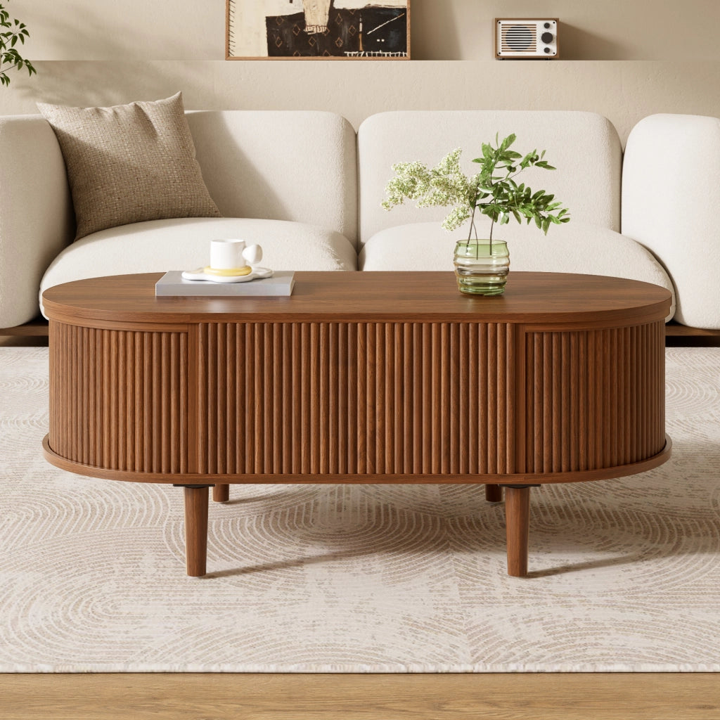 Tavolino da caffè ovale regolabile in altezza 100x48x54;5 cm in MDF; noce