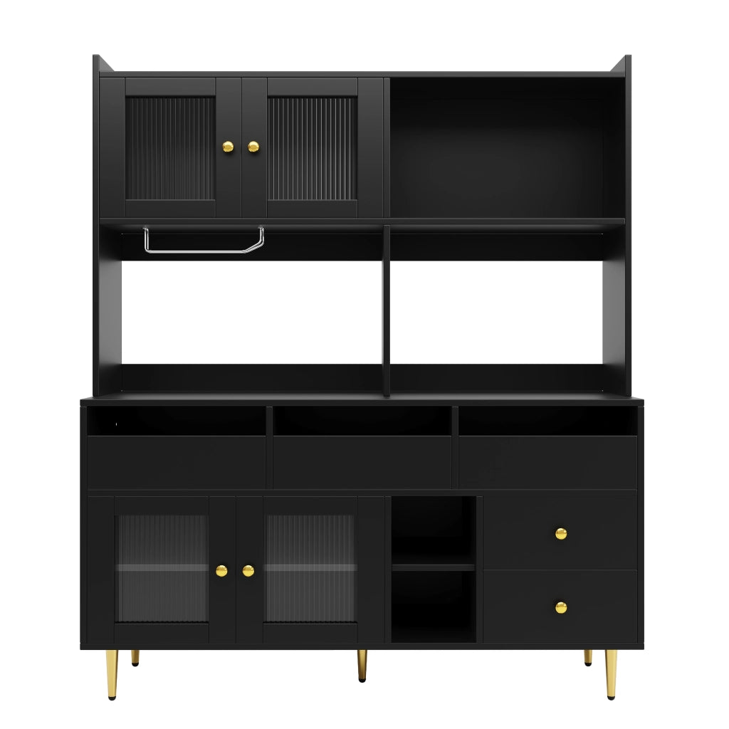 OKWISH Credenza Alta da Cucina con Ripiani e Cassetti, Ante in Vetro Rigato, Portabottiglie, per Sala da Pranzo, 145 x 39 x 171 cm