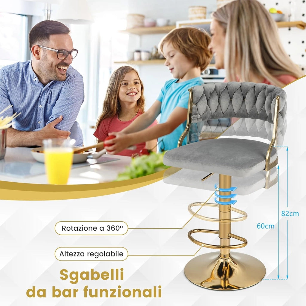 2 Sgabelli da Cucina, Sgabelli Girevoli e Regolabili in Altezza con Poggiapiedi, Sgabelli Alti Rivestiti in Velluto con Schienale Intrecciato per Bar, Cucina e Caffetteria (Grigio)