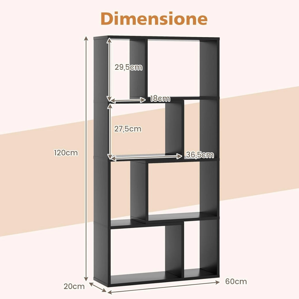 Libreria Geometrica a 4 Ripiani, Organizzatore Moderno con 8 Cubi, Mensola Espositiva a Pavimento, Mobile di Stoccaggio in Legno per Soggiorno Camera da Letto Studio, 60x20x120 cm (Nero)