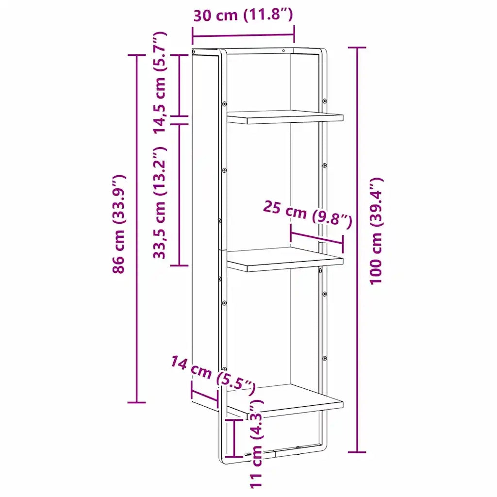 Scaffale da parete con lo scaffale Rovere Nero 30 x 25 x 100 cm