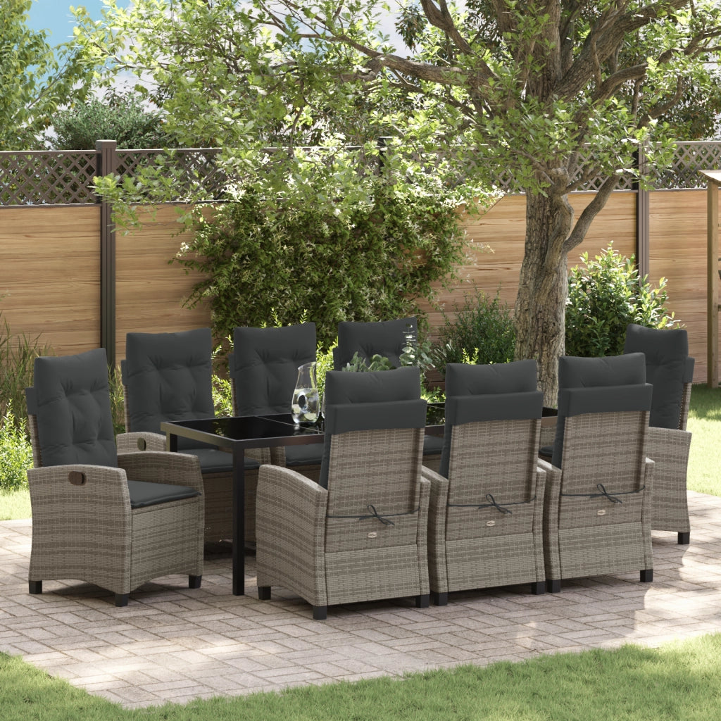 Set da pranzo da giardino da 9 pezzi con cuscini Grigio Polyrattan