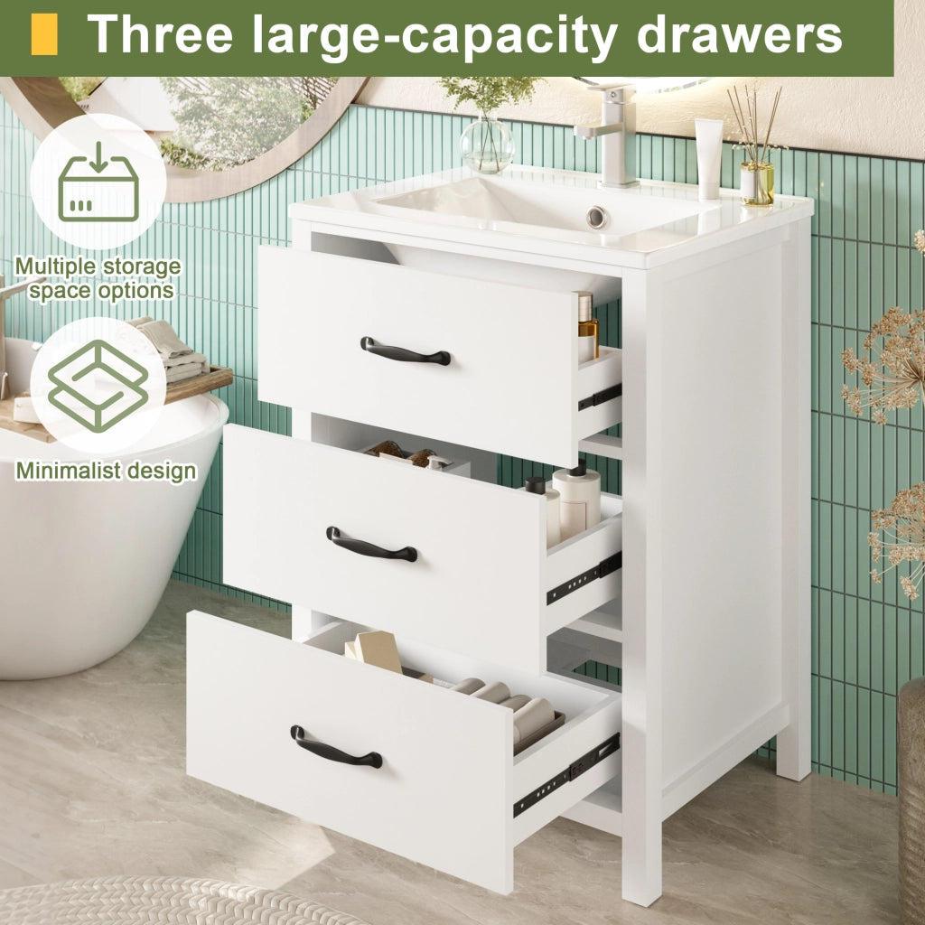 Mobile sottolavabo con lavabo in ceramica, 3 cassetti e vani contenitore, per bagno, bianco, 61 × 47 × 83 cm