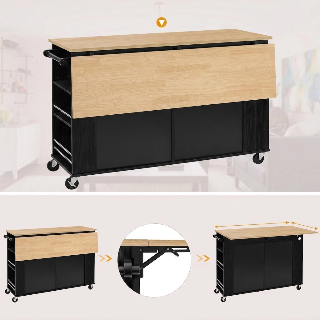 Isola Cucina Mobile Nera con Piano Estensibile 120 cm; Porta Rifiuti; Prese USB; Ruote e Ripiani Regolabili