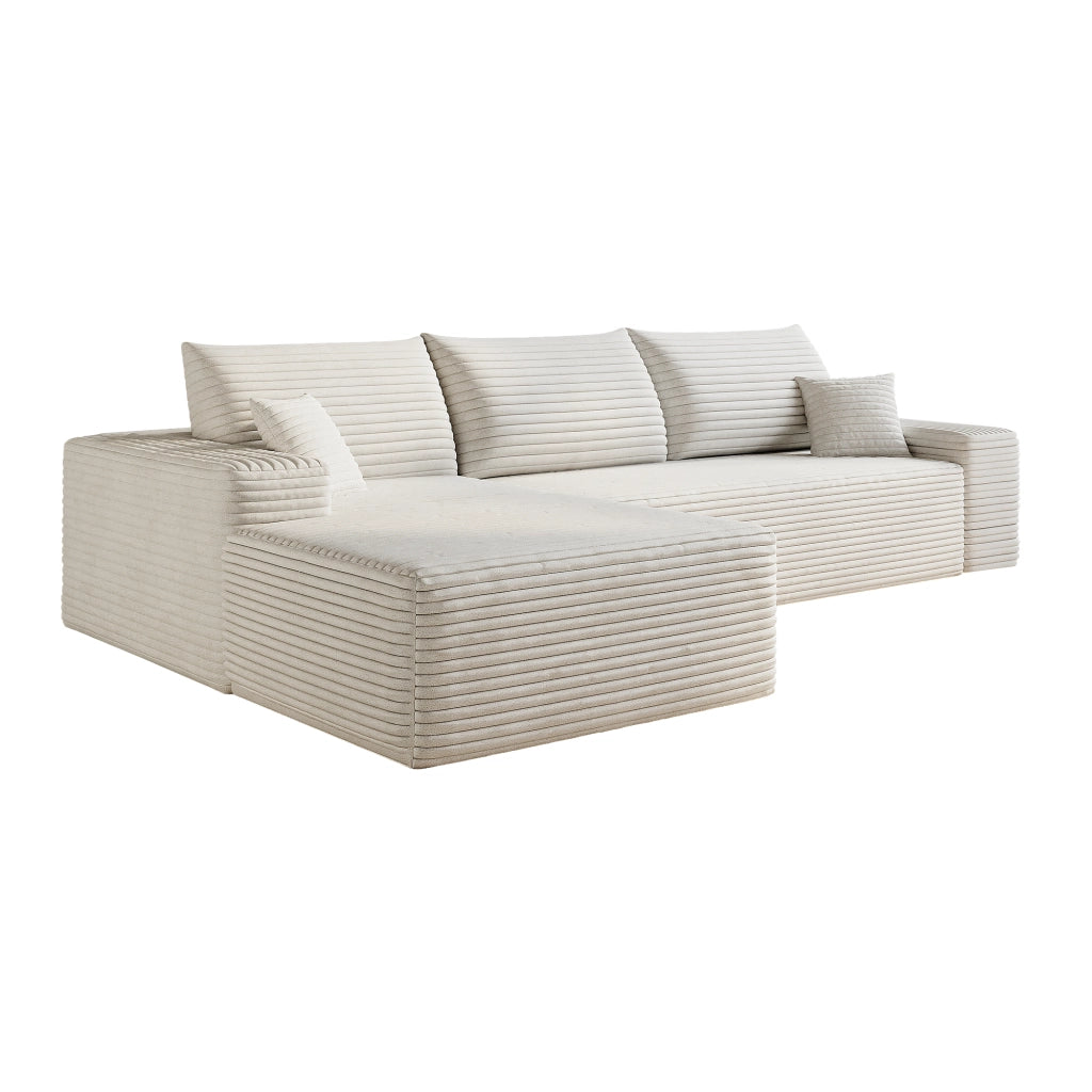 Divano angolare modulare con chaise longue in tessuto a righe, imbottitura in schiuma elastica, bianco 270 cm