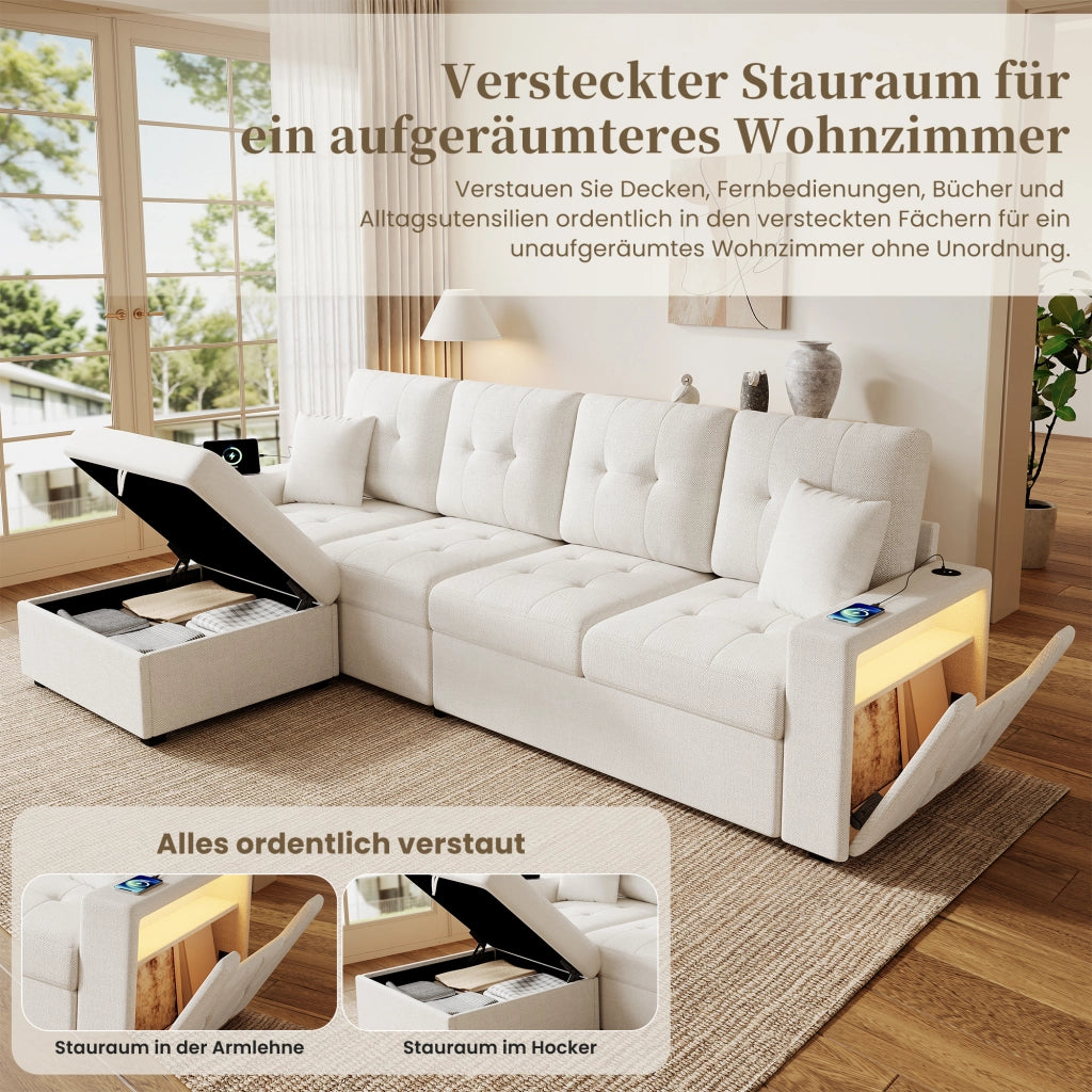 DIVANO angolare modulare 253 cm beige con pouf contenitore e USB Type-C