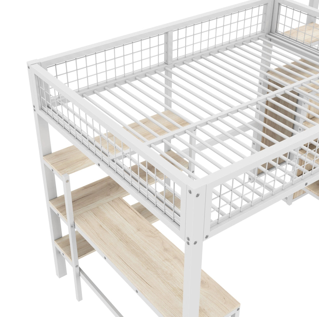 Letto a soppalco ULEVR 140x200 cm con scrivania, armadio e ripiani, struttura in metallo e MDF, bianco