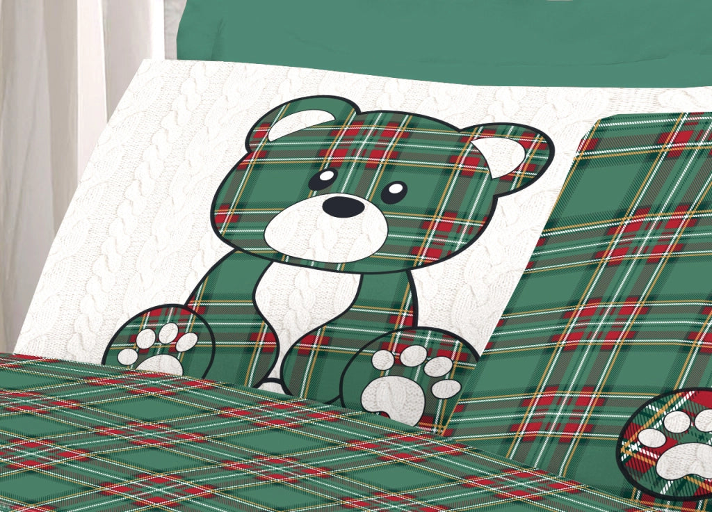 Completo Lenzuola Linea Pensieri Delicati 100% Cotone Disegno Orsetto Tartan - Singolo - Verde
