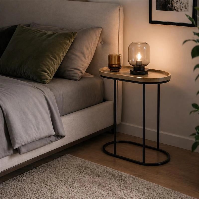 TAVOLINO CON STRUTTURA IN METALLO NERO E TOP IN MDF EFFETTO LEGNO SCURO MISURE: 46X30X60CM