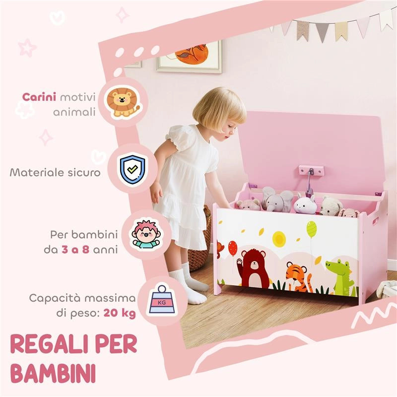 BAULE PORTAGIOCHI PER BAMBINI CON CERNIERE DI SICUREZZA IN LEGNO CON DISEGNI DI ANIMALI, 60X37X39 CM, ROSA