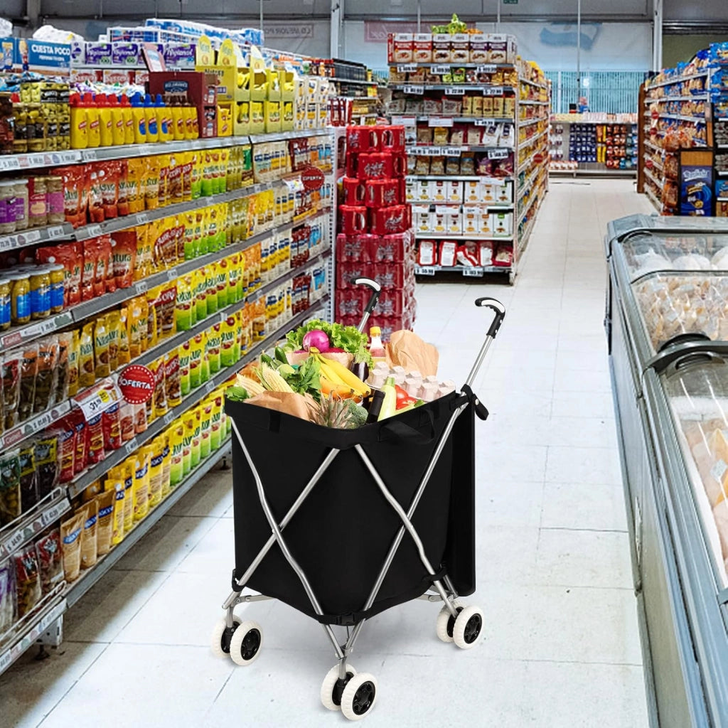 Carrello Spesa Pieghevole con Ruote, Carrello Portaspesa con Fodera in Tessuto Oxford Rimovibile e Impermeabile, 90L, Capacità di peso 55 kg (Nero)