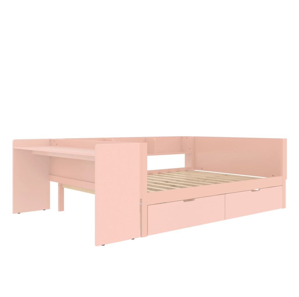 Letto matrimoniale 140x200 cm con scrivania, scaffali e 2 cassetti rosa