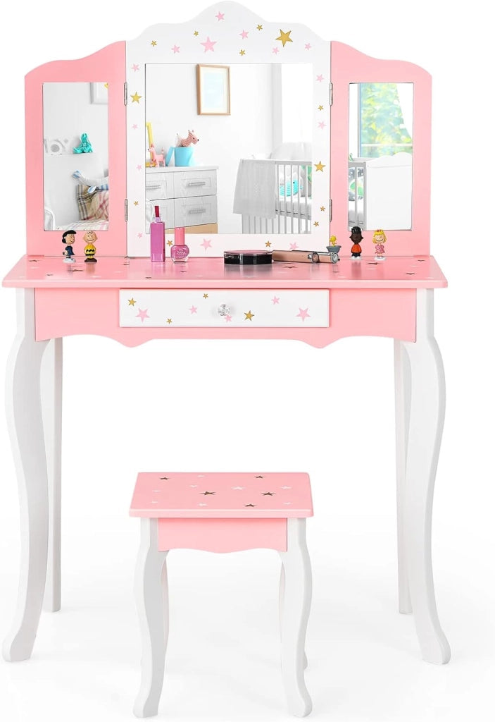 Toeletta Trucco 2 in 1 per Bambina Staccabile, Specchiera per Ragazza in Legno con Sgabello e Cassetto, Postazione Trucco per Cameretta e Cmera da Letto, 3 Anni 70x35x104cm(Rosa)