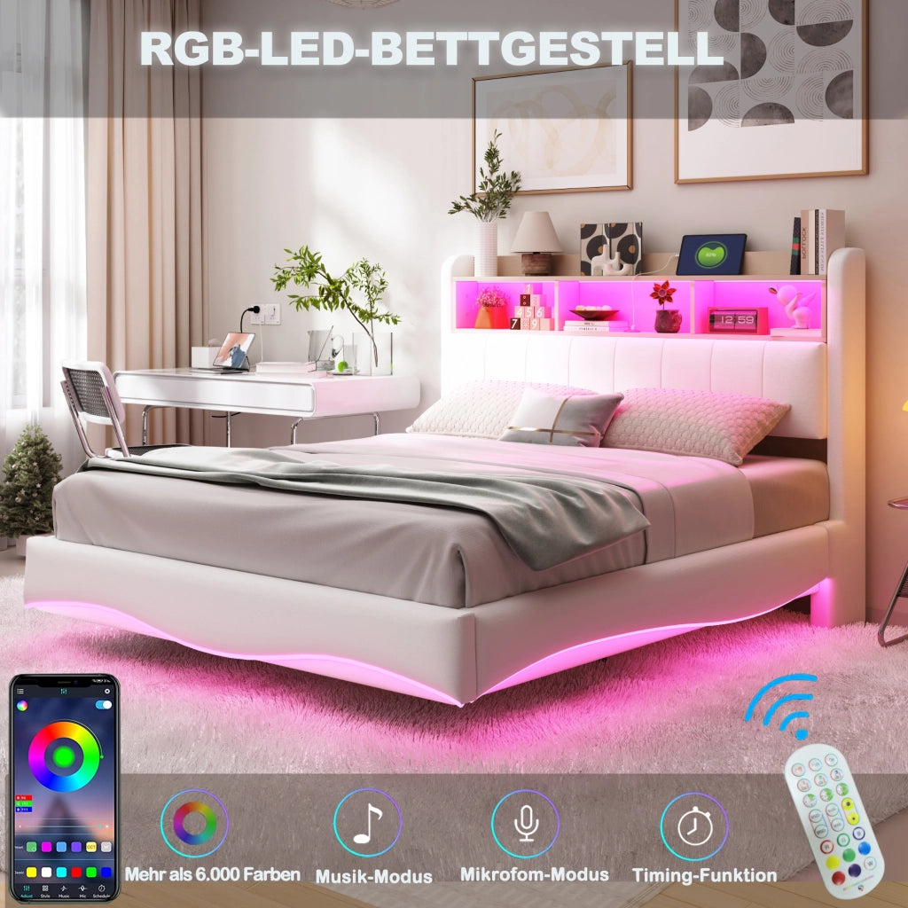 LETTO Imbottito Sospeso 160x200 cm Beige con LED e USB Type-C