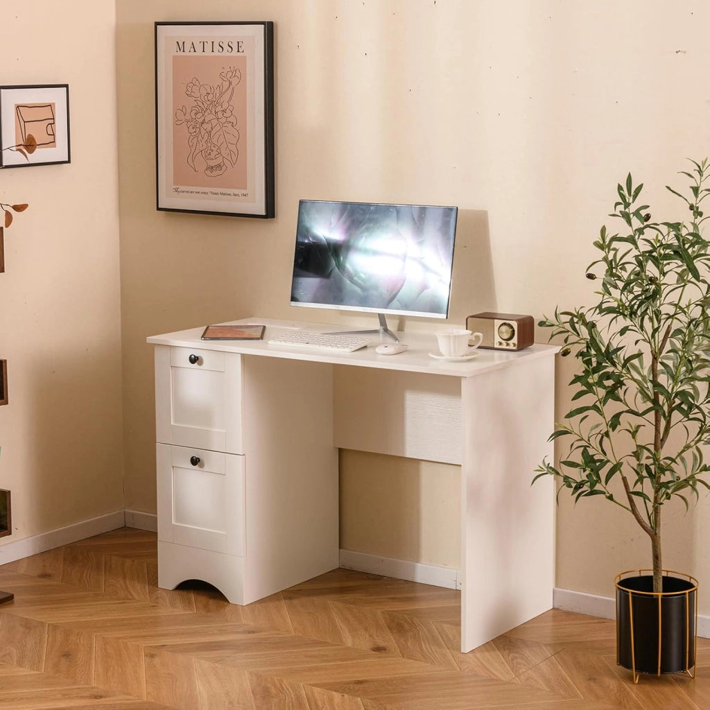 Scrivania per Computer con 2 Cassetti a Maniglia, Scrivania PC Salvaspazio Multifunzionale, Scrivania Gaming per Ufficio, Soggiorno, Camera da Letto e Studio, 109 x 50 x 75 cm (Bianco)