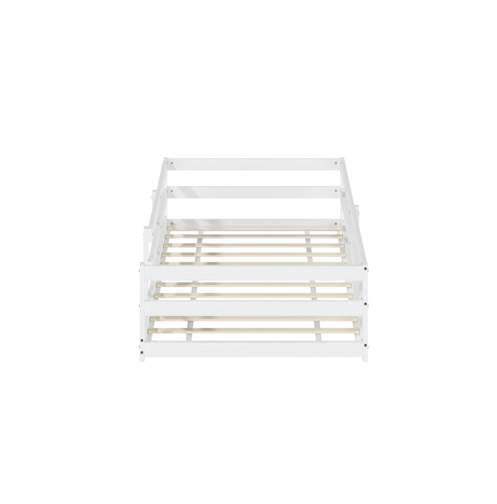 Letto Montessori 90x200 cm con barriera di protezione e rete a doghe in legno di pino bianco