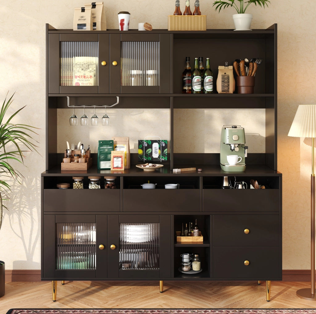 Credenza 145x39x171 cm con ante in vetro Changhong e portabottiglie; MDF e metallo; nero