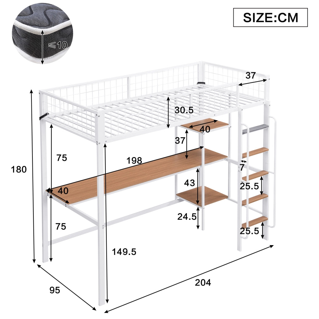 Letto a soppalco 90x200 cm con scrivania e ripiani; metallo e legno; bianco e naturale