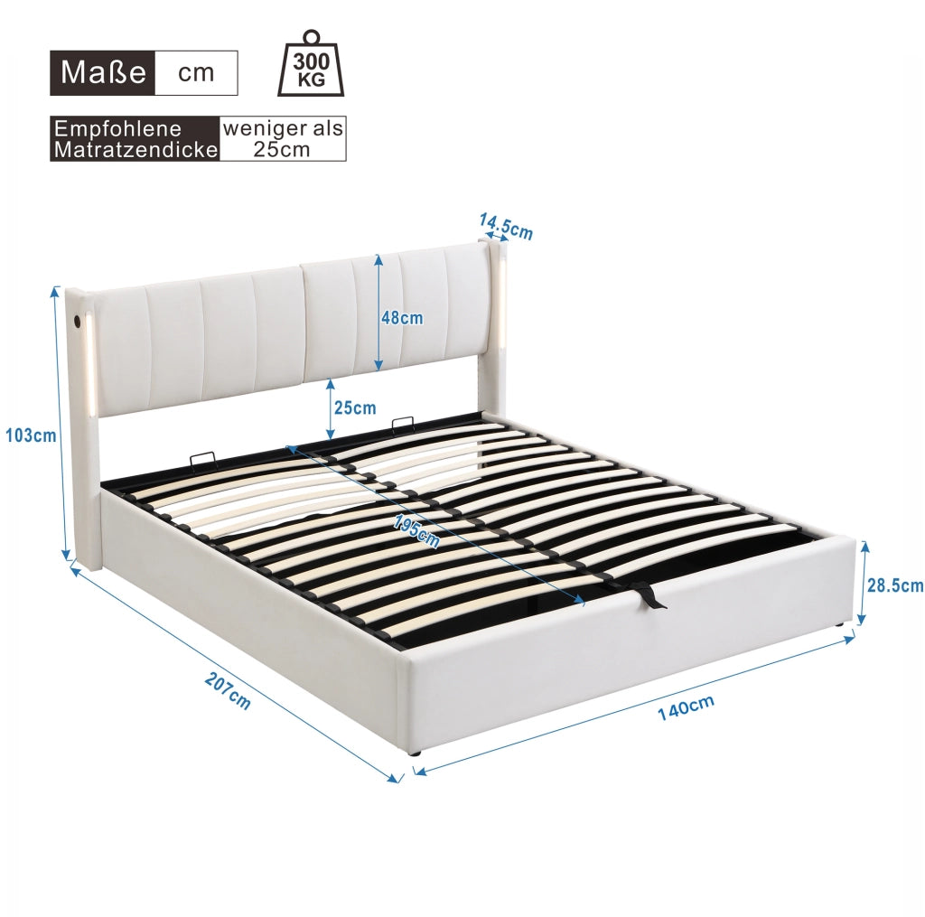 Letto imbottito LED 140x200 cm bianco con contenitore, USB e testiera regolabile