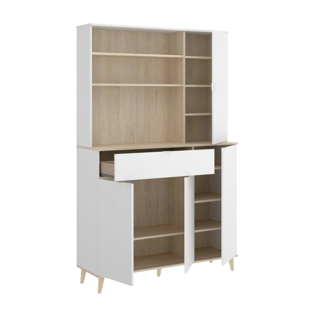 Credenza Aeris, Buffet dispensa da soggiorno, Madia da salotto moderna a 4 ante, 120x40h191 cm, Bianco e Rovere