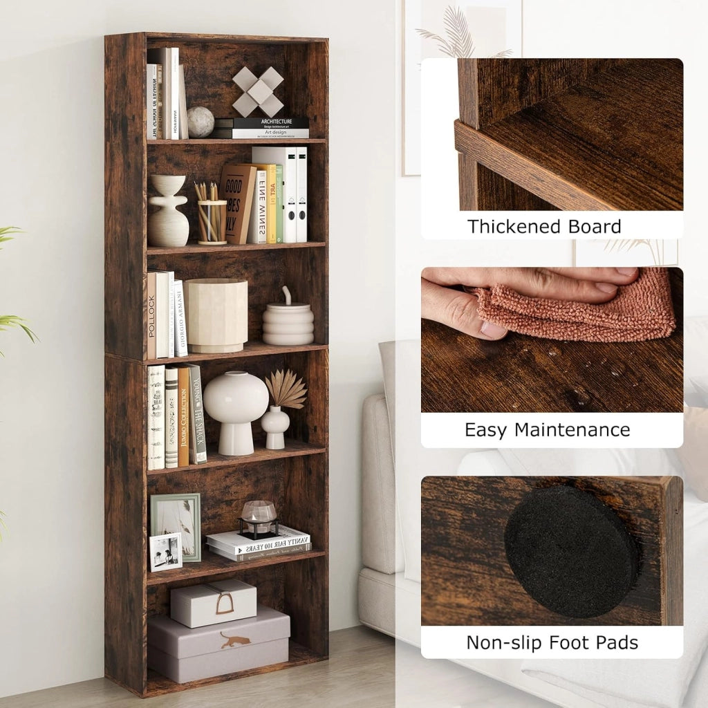 Libreria Scaffale a 6 Ripiani, Libreria Verticale con 2 Kit Antiribaltamento, Mobile Soggiorno in Legno, con Cuscinetti Antiscivolo, per Studio, Camera da Letto, 60 x 23,5 x 178 cm (Marrone)