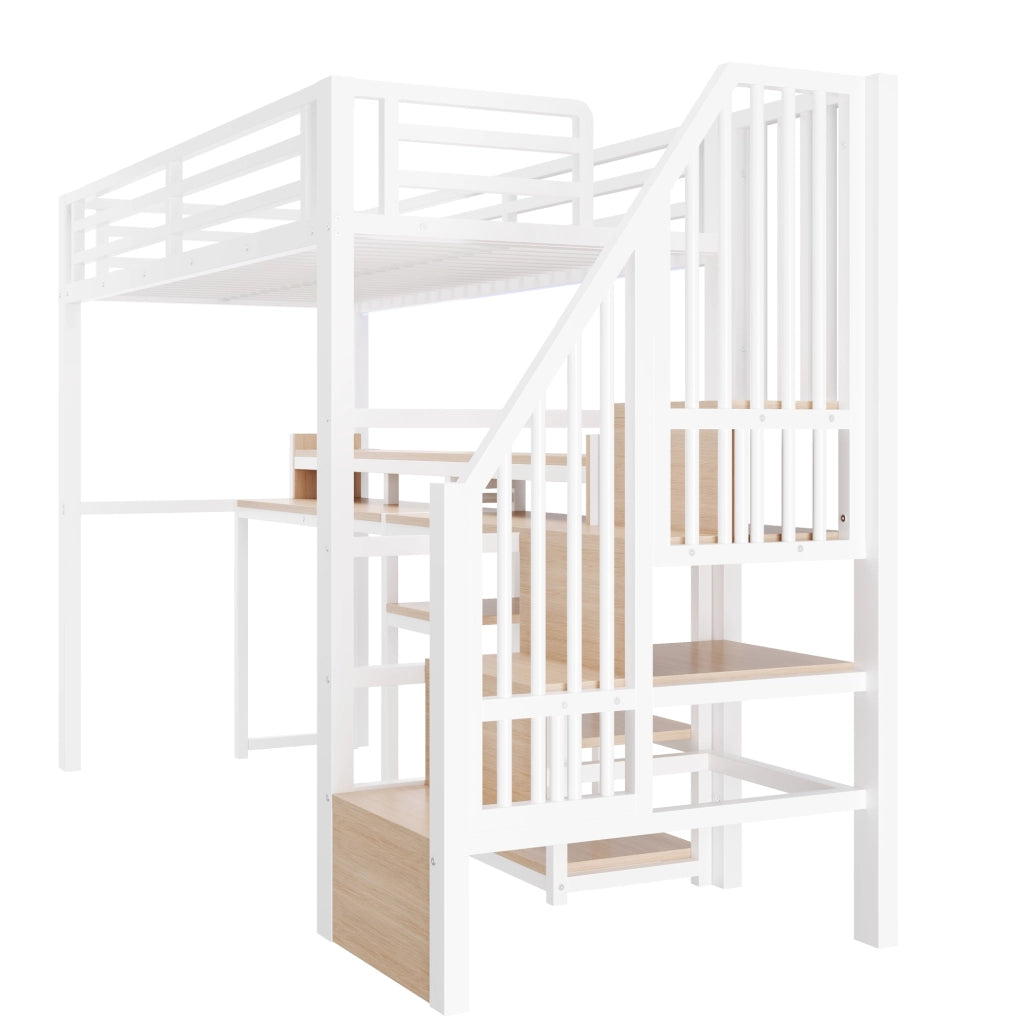 LETTO a Soppalco 90x200 cm Metallo e MDF Bianco con LED, USB e Type-C