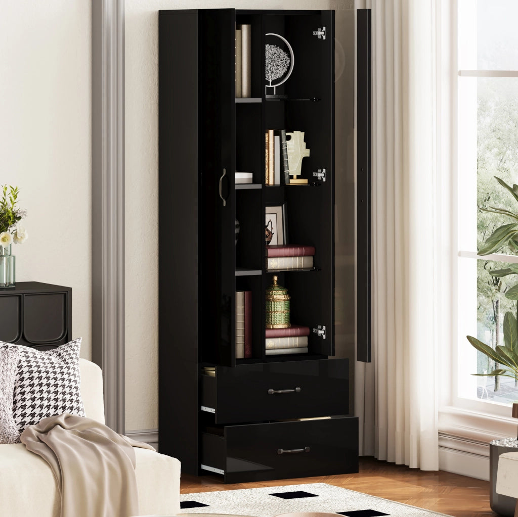 Vetrina moderna con LED e 2 cassetti; 2 ante; 60 x 35 x 182;5 cm; nero