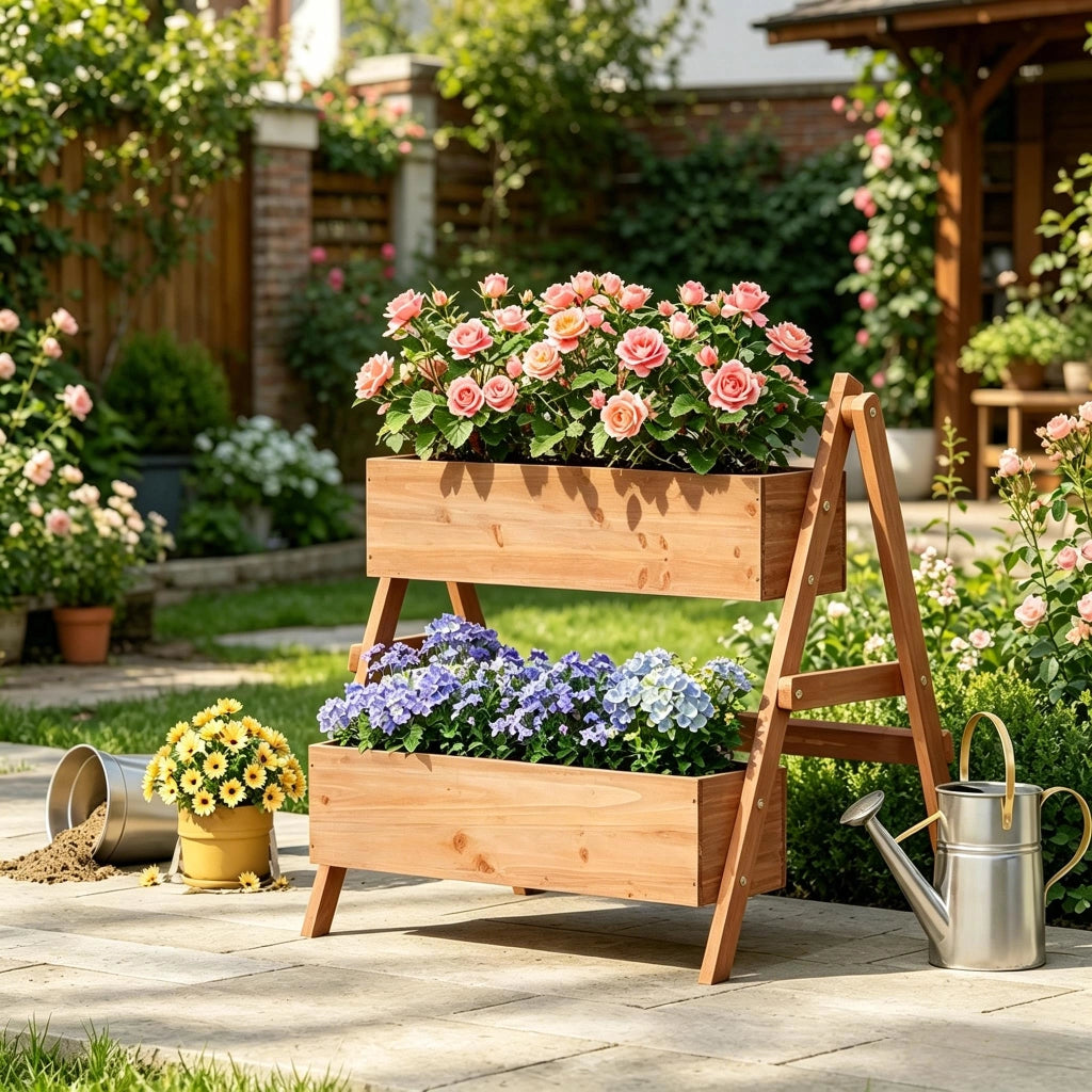 Fioriera a più livelli a gradini in legno massiccio con struttura triangolare marrone 80 × 62 × 68 cm