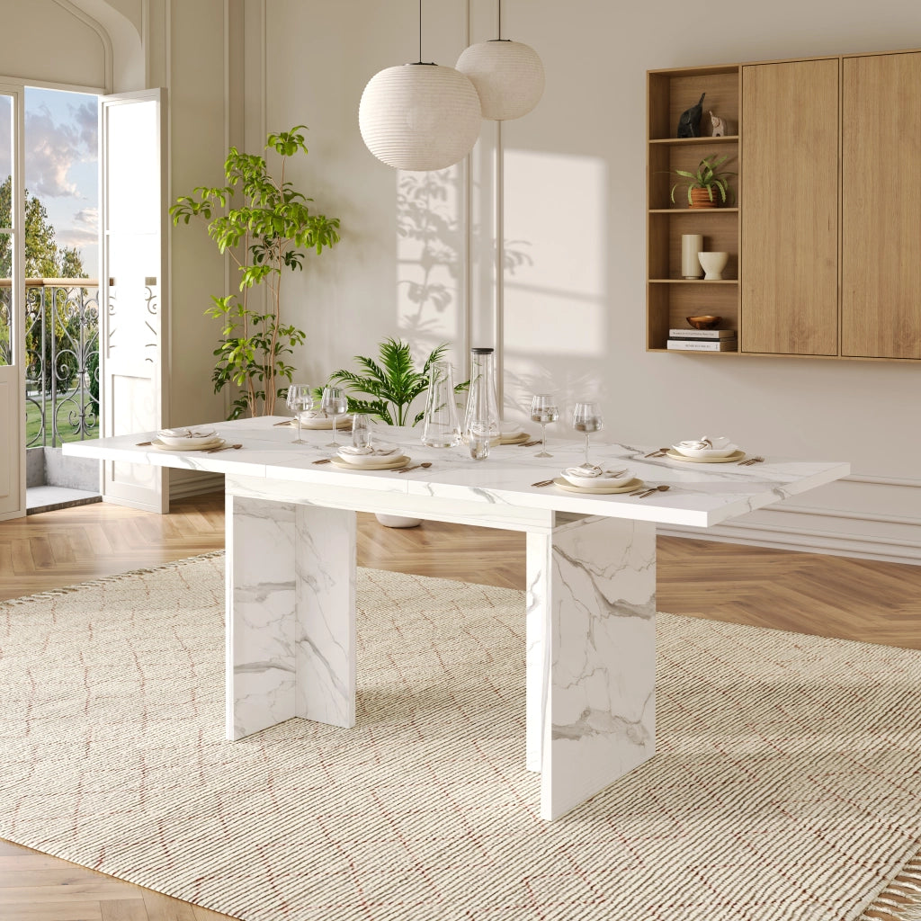 Tavolo da pranzo allungabile per 6-8 persone con piano spesso e gambe a t, per cucina e soggiorno, bianco marmo