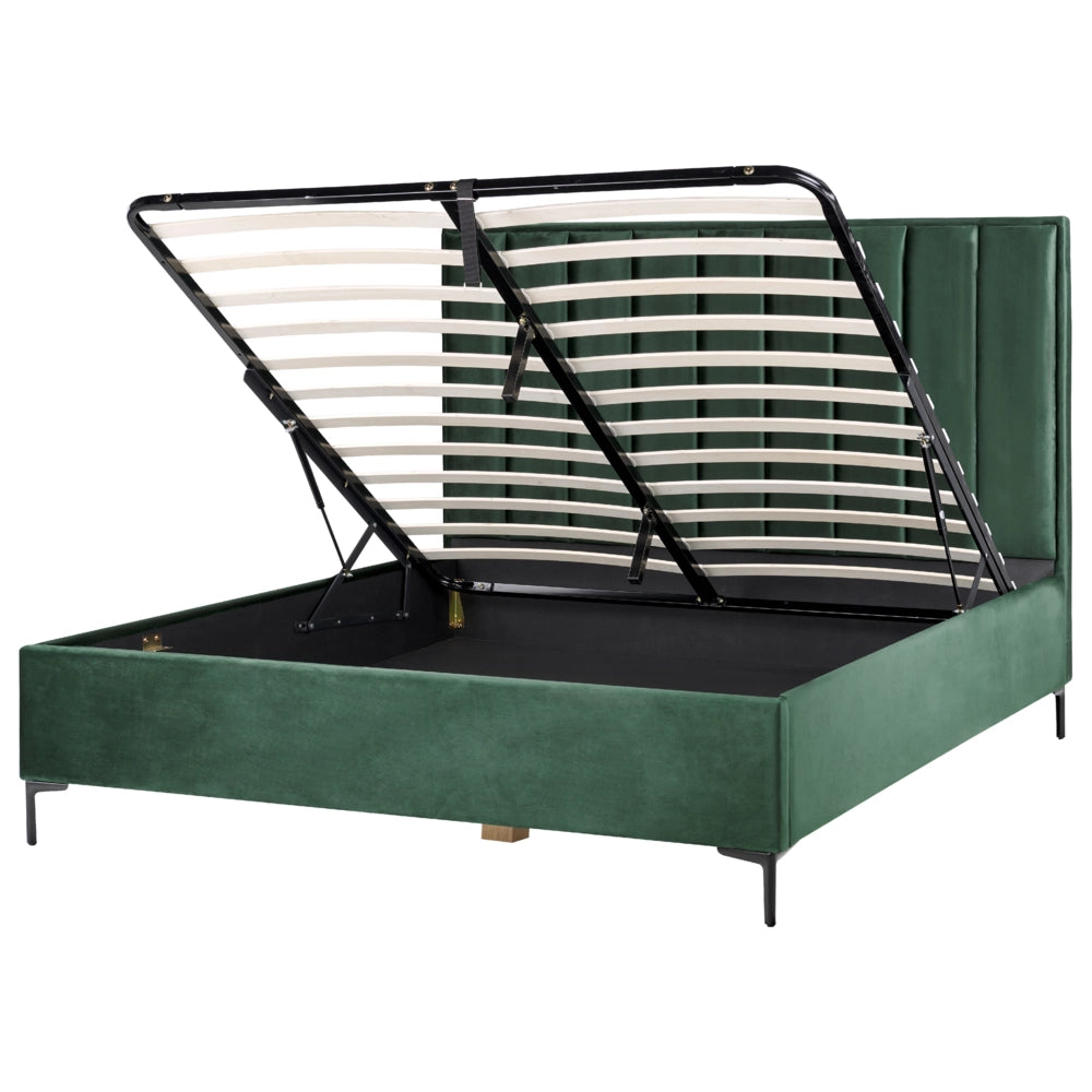 Set camera da letto in velluto verde scuro matrimoniale 180 x 200 cm letto con contenitore 2 comodini imbottiti
