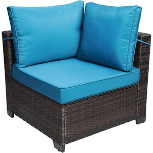 Set Patio Divano Modulabile da Esterno in Polyrattan con Cuscini Blu da Giardino