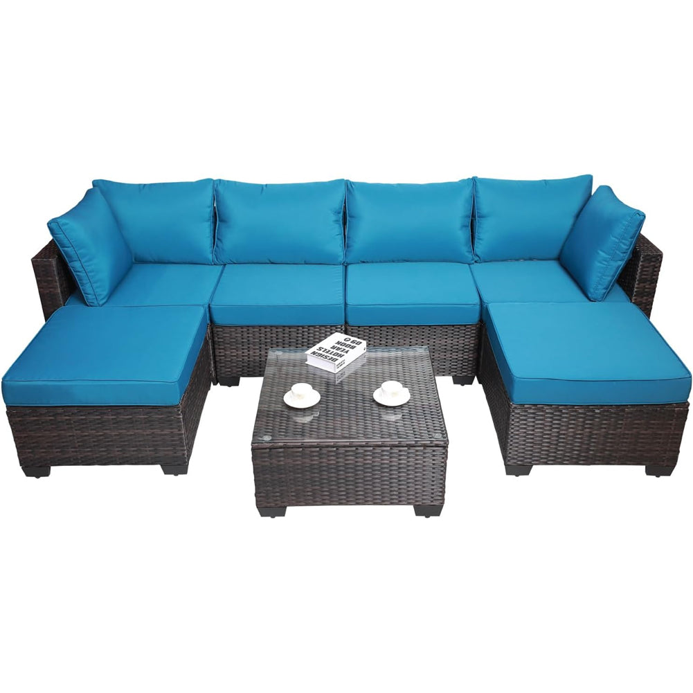 Set Patio Divano Modulabile da Esterno in Polyrattan con Cuscini Blu da Giardino