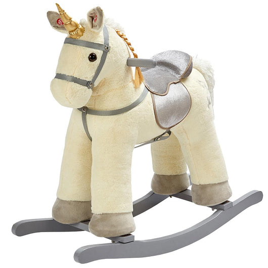 Cavallo a Dondolo Unicorno Beige in Peluche con Suoni Realistici Base in legno 3+