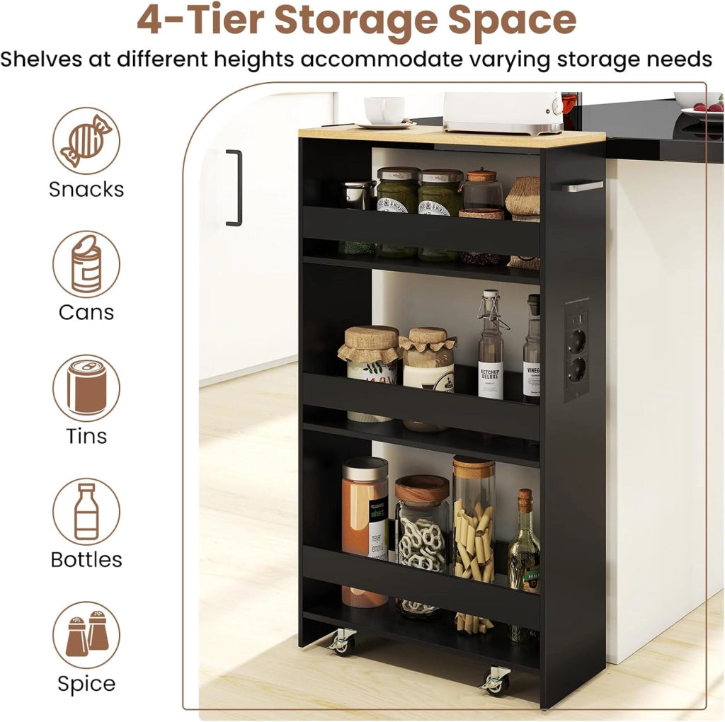 Carrello Portaoggetti a 4 Ripiani con Ruote Rirevoli a 360°, Carrellino Scorrevole con Maniglia Slim, da Bagno, Cucina, Lavanderia, 47,5 x 20 x 80,5 cm (Nero e Naturale, Con Presa)